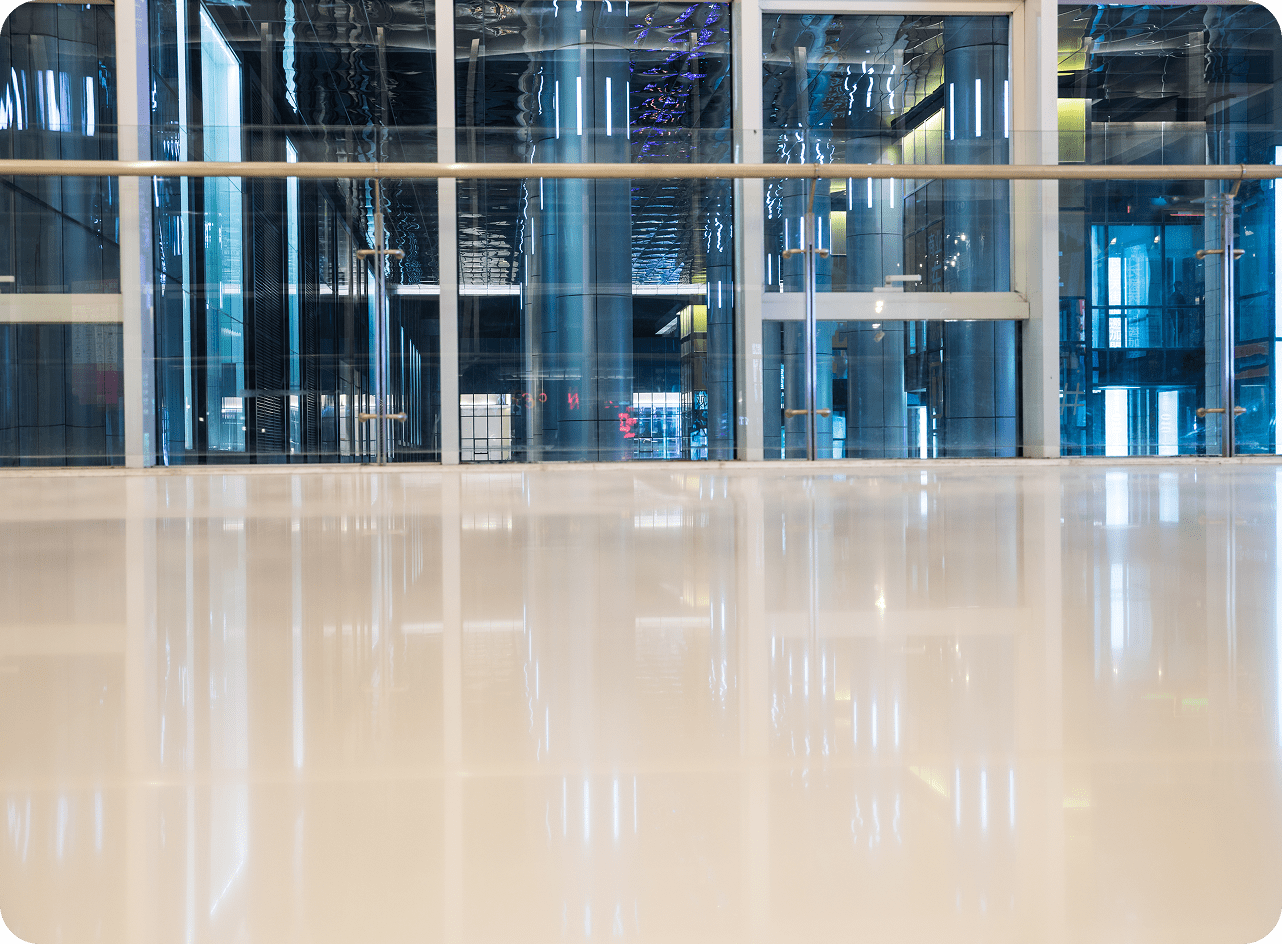 Glass-walled area with shiny flooring