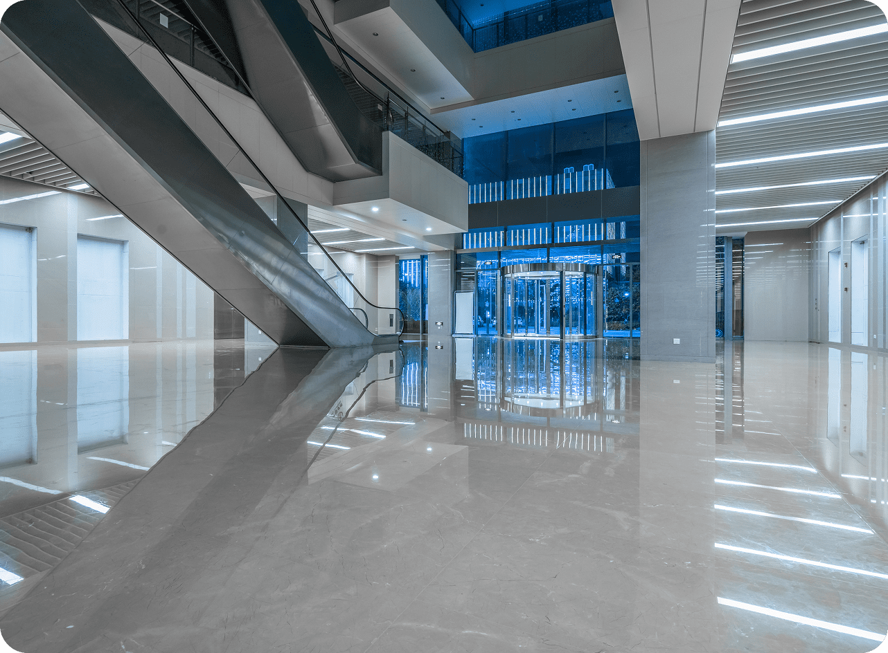 Modern building interior with reflective floors