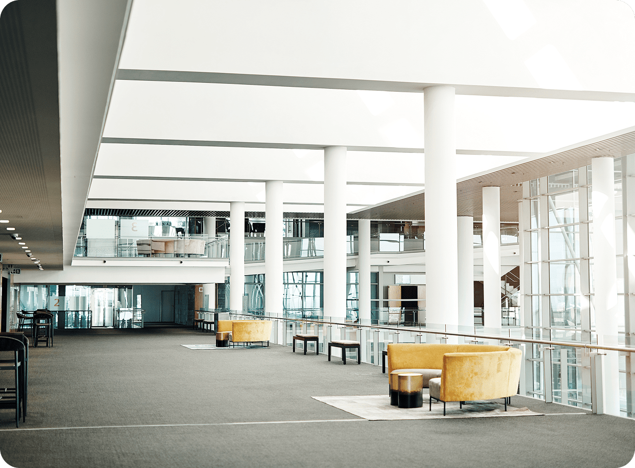 Spacious interior with glass walls